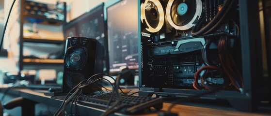 Wall Mural - open pc case, glowing components, and monitors set the scene for a vibrant tech workspace, cables sp
