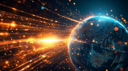 Poster - A vibrant, futuristic depiction of Earth surrounded by beams of light, symbolizing technology, connectivity, and global networks.