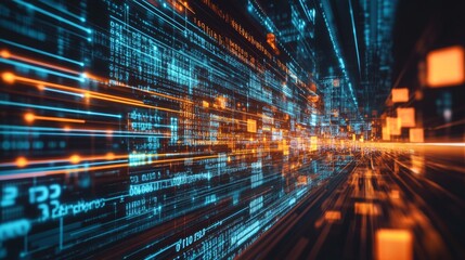 Fototapete - A vibrant digital landscape featuring streaming data, glowing lines, and illuminated pixels, representing the flow of information in a high-tech environment.