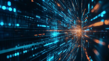 Aufkleber - A dazzling array of blue and orange lights, resembling data streams or digital pathways, creating a sense of motion and depth in a futuristic setting.