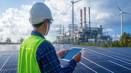 Aufkleber - A person in a hard hat and safety vest inspects solar panels and monitors energy data with a tablet, surrounded by wind turbines and an industrial facility.