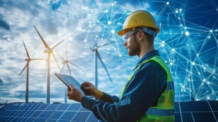 Aufkleber - A worker in a hard hat uses a tablet near wind turbines and solar panels, symbolizing renewable energy and technology integration.