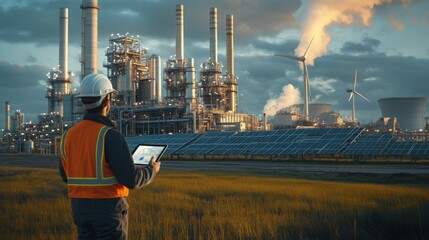 Aufkleber - A worker in safety gear inspects a large industrial facility, featuring smokestacks and wind turbines, indicating a blend of traditional and renewable energy sources.