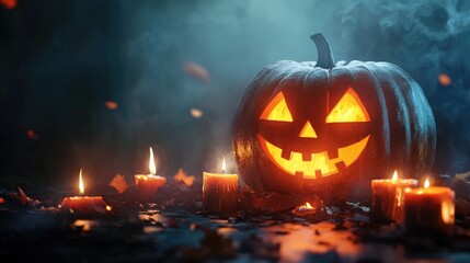 Wall Mural - Halloween pumpkin with glowing candles on dark background