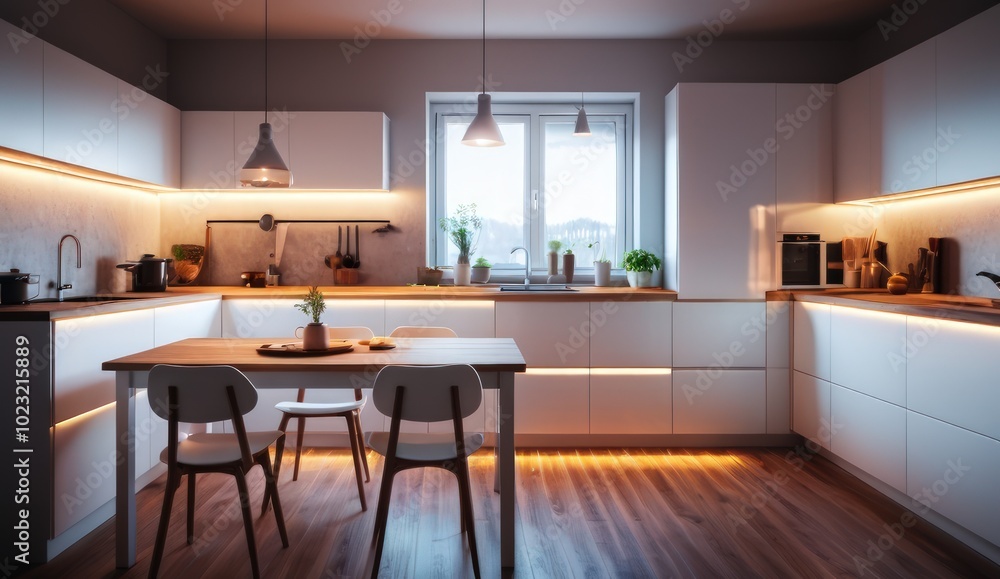 Modern kitchen interior with sleek white cabinets, warm lighting, and a ...