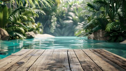 Wall Mural - Rustic Wooden Table by Crystal Clear Pool Surrounded by Tropical Foliage for Eco Friendly Product Display