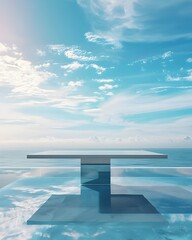 Canvas Print - Sleek Minimalist Glass Table by Infinity Pool with Ocean Horizon Backdrop for Luxury Product Display