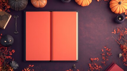 Halloween-themed wedding guestbook, flat design, top view, 3D render, Triadic color scheme, spooky and stylish guestbook design