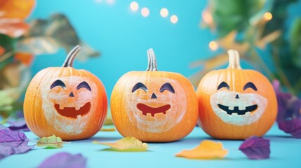 Sticker - Cute pumpkins with facial expressions and cosmetic masks on a colorful background spa concept