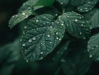 Poster - Close Up of a Single Rainy Leaf with Glistening Water Droplets Reflecting the Greenery Around