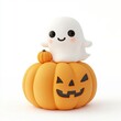 © aferalana - Cute little ghost sitting on top of a pumpkin with little pumpkin