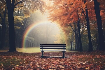 Sticker - A benches sitting in the middle of a autumn park outdoors rainbow nature.