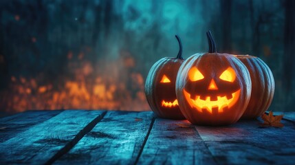 Wall Mural - spooky halloween pumpkins with glowing light on wooden background