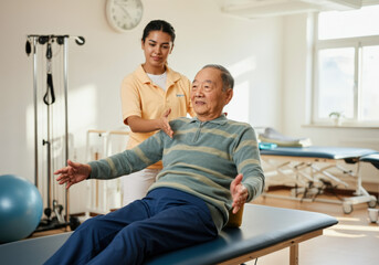 Young physiotherapist is assisting a senior asian man exercising on a bench in a rehabilitation center