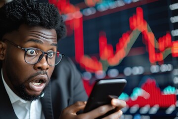 Wall Mural - a man in a suit and glasses is looking at his phone with a shocked expression