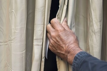 Wall Mural - A man is pulling a curtain open, revealing a white curtain