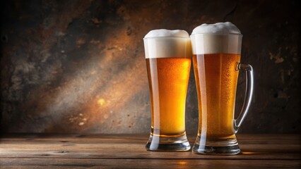 Two frosty glasses of beer with a thick head of foam, illuminated by a warm light, on a rustic wooden table against a textured brown background.