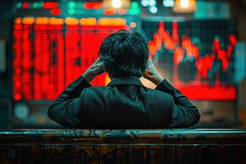 Wall Mural - a man is sitting on a bench in front of a computer screen with red numbers on it