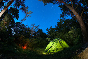 modern camping tent and bonfire in forest at night. fisheye lens effect
