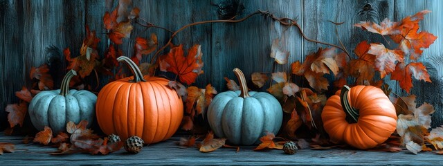 A photograph of pumpkins and autumn leaves on a wooden background, showcasing the beauty of the fall season