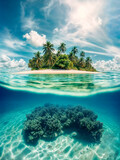 Tropical island paradise and clear tranquil sea with coral and fish swimming on a bright blue sky day