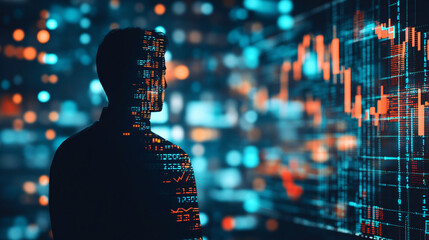 Businessman silhouette with digital data and bokeh lights background
