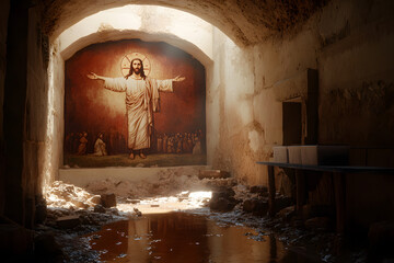 Ancient Underground Tomb Featuring an Old Wall with Jesus Portrait – Historical Religious Art