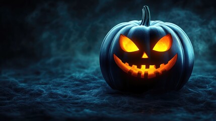 Wall Mural - halloween pumpkin with glowing eyes on dark background