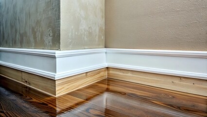 Skirting board detached from wall in flooded room, repair needed for home interior