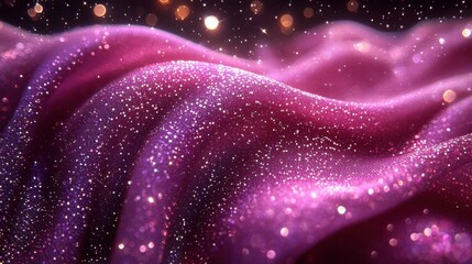 Wall Mural - An abstract close-up of a shimmering pink fabric with sparkling glitter, creating a dreamy and vibrant aesthetic. The smooth waves have depth and brilliance.