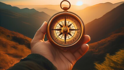 Concept: landmark, orientation on the terrain. Compass in the hand of a tourist traveler, close-up.