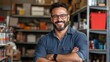 © NN AI - hardware store owner. Portrait of a salesman with crossed arms on the background of a shop. Accessories and tools for small repairs. small business, shop. poster, banner, copy space