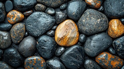 Wall Mural - A close-up view of various polished stones in different shapes and colors, glistening under the light, creating an elegant natural pattern.