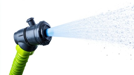 Garden hose nozzle spraying water on white isolated background. Agriculture, Farm and Water system.