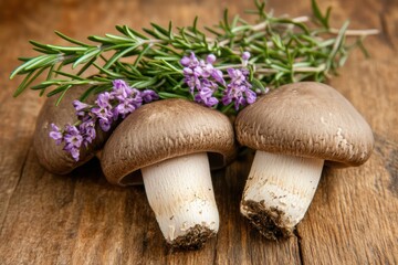 Fresh portobello mushrooms with rosemary lavender on wooden background