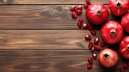 Wall Mural - Vibrant pomegranates seeds on wooden backdrop