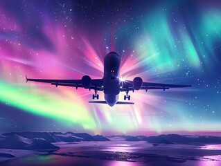 Wall Mural - Commercial Airplane Soaring Through Vibrant Northern Lights Aurora Borealis Sky Landscape