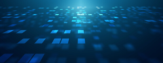 Abstract technology blue background banner, communication square shape data coding virtual computer internet world cyberspace concept.