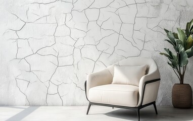 Modern living room mock-up featuring a blank white cracked stucco wall, creating a serene atmosphere with a stylish armchair as the focal point 