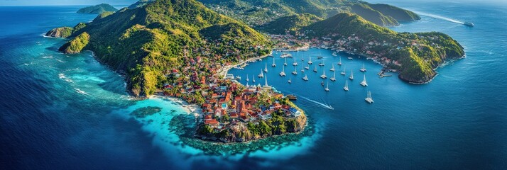 Wall Mural - guadeloupe landscape: aerial view of terre-de-haut island bay and harbor town
