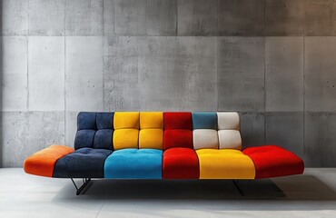 Stylish minimalist interior of a living room with a striking multicolored sofa contrasting against a grey concrete wall 