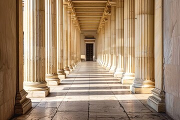 Sticker - Photo of hallway between greek pillar architecture building corridor.