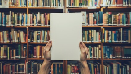 A person holds a blank book in front of a large library filled with colorful bookshelves during the daytime