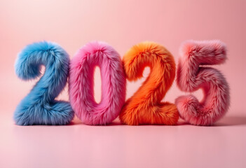 Numbers 2025 created from soft and vibrant colored fur, adding a cozy and playful touch to new year celebrations