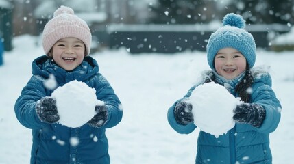 Family members of all ages happily engaged in a fun snowball fight outdoors in the snowy winter season playing and laughing together in a winter wonderland