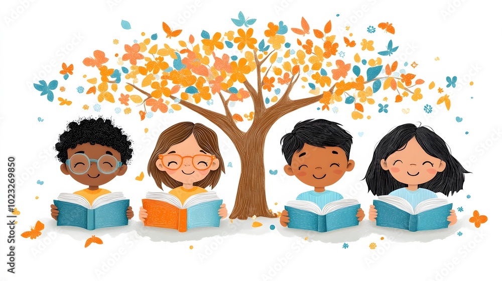 Diverse group of students reading books under a tree for International ...