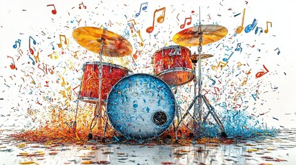 A stunning drum kit with an energetic burst of colorful notes and splashes, symbolizing the vibrant energy and harmony of modern musical creativity.