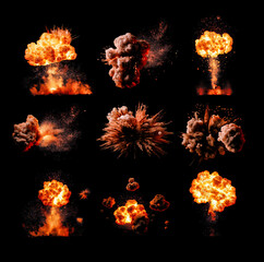 Set of explosions from bombs or missiles, isolated on a black background.