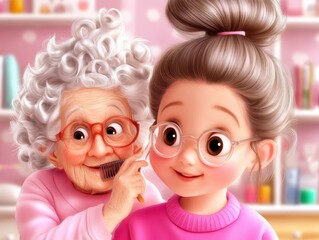 Granddaughter Helps Elderly Grandmother Comb Her Hair with Tenderness, A heartwarming image of a young girl taking care of her grandmother, demonstrating the special bond between generations and the