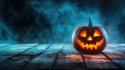 Poster - Halloween Pumpkin on wooden table with dark spooky background